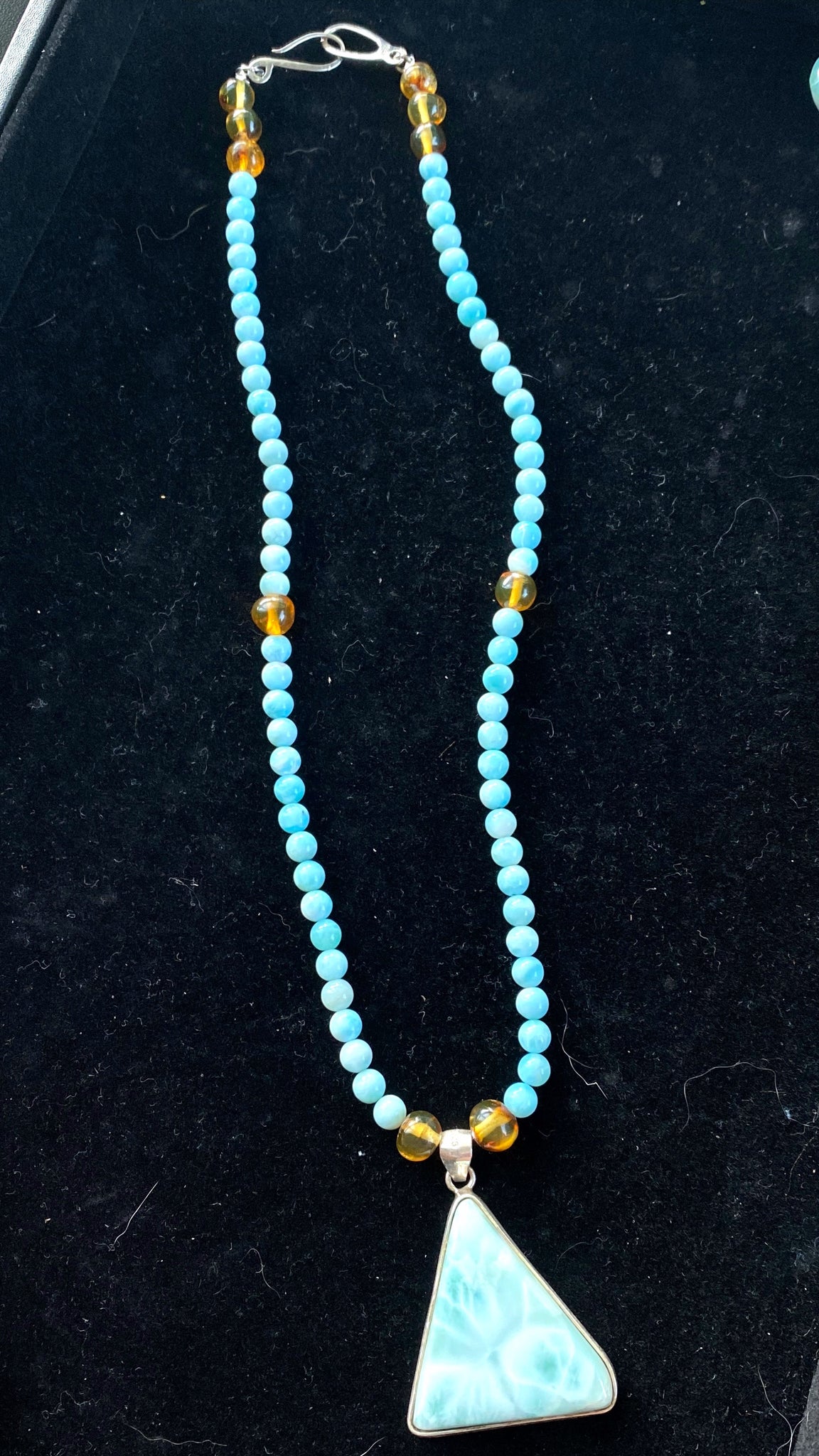 Larimar + Amber Unisex Necklace - round bead + triangle