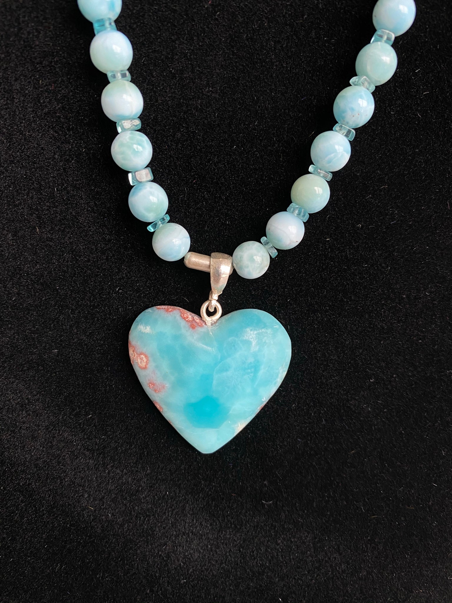 Larimar + Apatite + Heart Charm - round bead