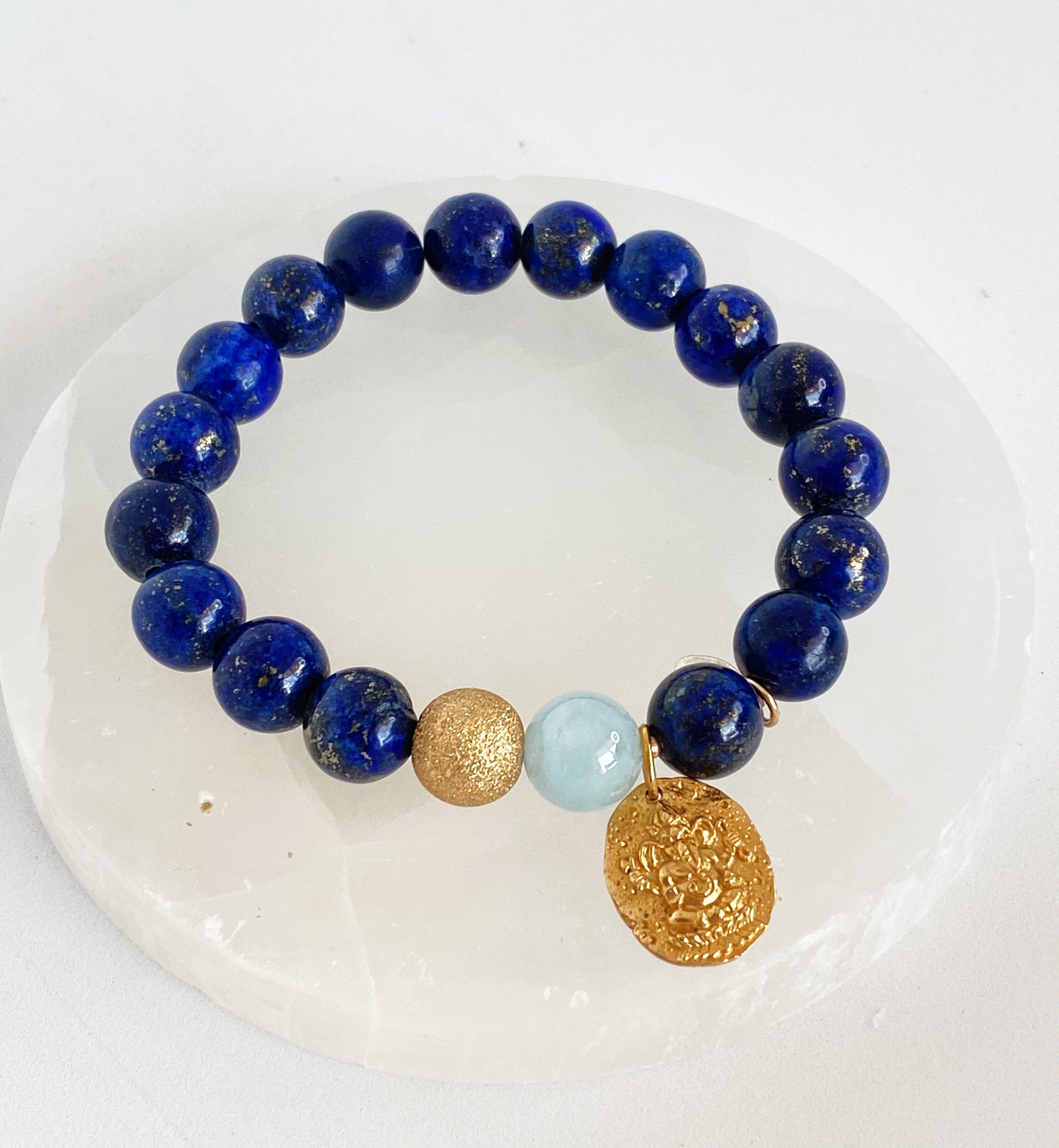 Lapis + Aquamarine Bracelet with Bronze Ganesha