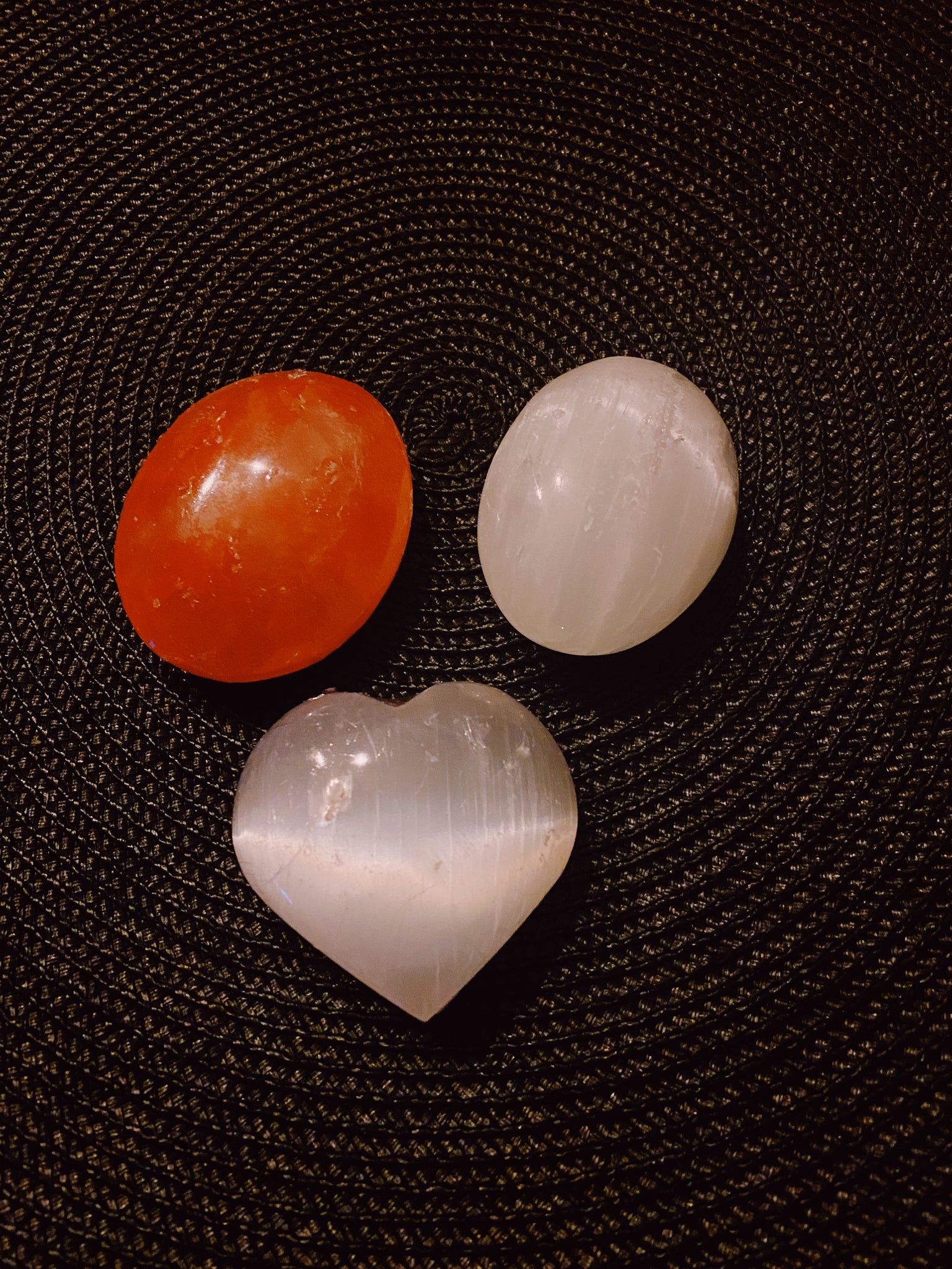 Selenite Palm Stones (Heart & Orange)